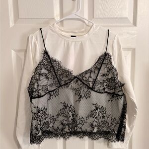 SHEIN White and Black Lace Overlay Blouse